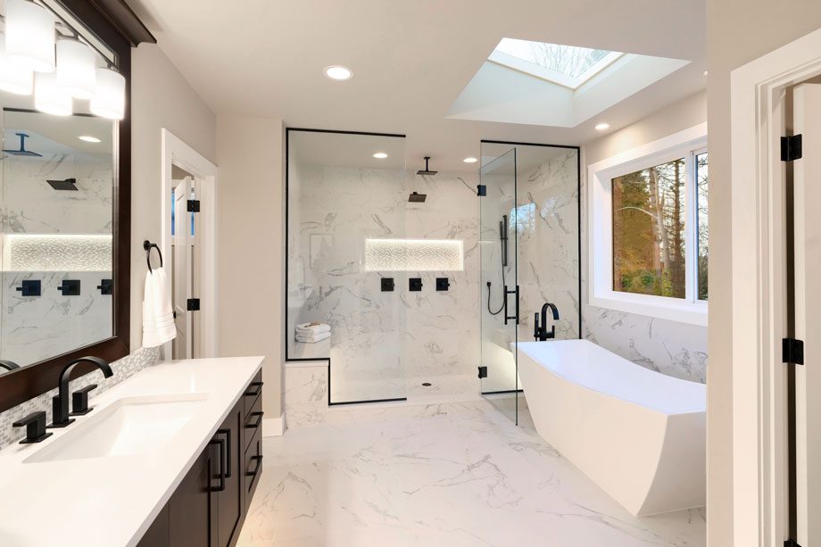 Coastal bathroom design with soaking tub
